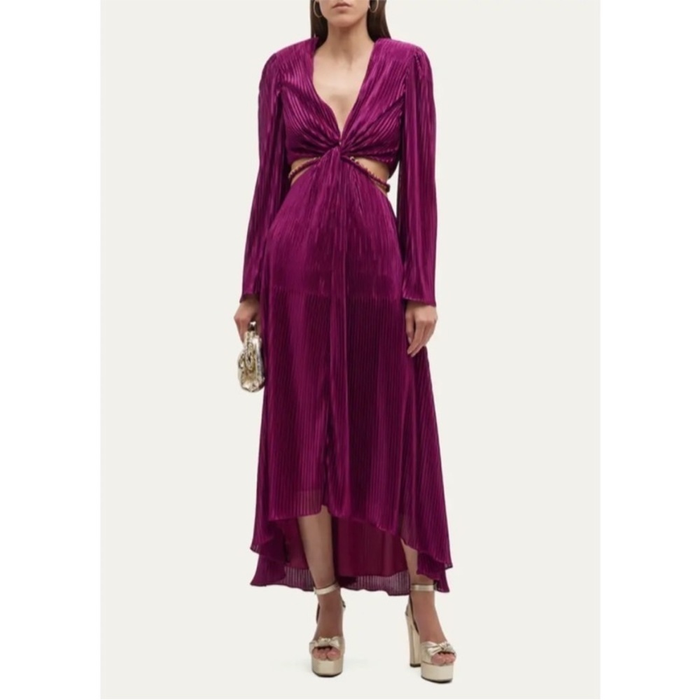 Ramy Brook Fuchsia Twist-Front Pleated Midi Dress